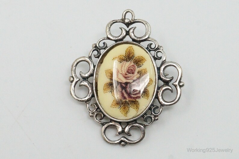 Vintage Designer Jez Flower Cross Stitch Look Picture Sterling Silver Pin Brooch image 4