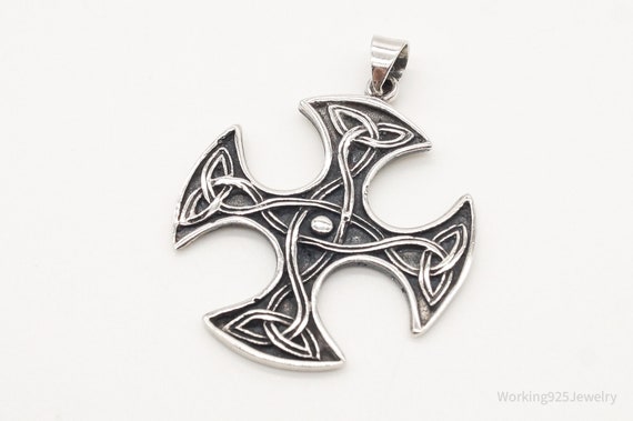 Large Vintage Celtic Cross Sterling Silver Pendant - image 4