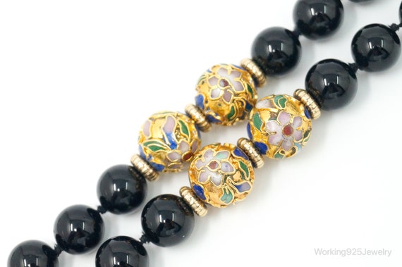 Vintage Long Black Onyx Cloisonne Beads Necklace - image 7