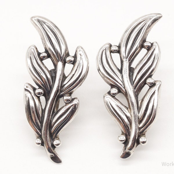 Vintage Mexico Modernist Hilario Lopez Fern & Spore Sterling Silver Earrings