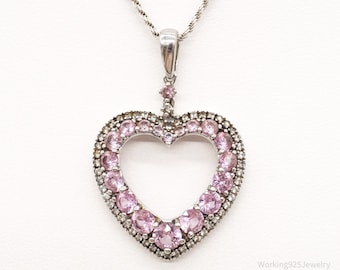 Vintage Pink & White Cubic Zirconia Heart Sterling Silver Necklace