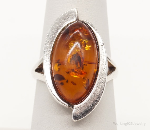 Vintage Baltic Amber Modernist Sterling Silver Ri… - image 1