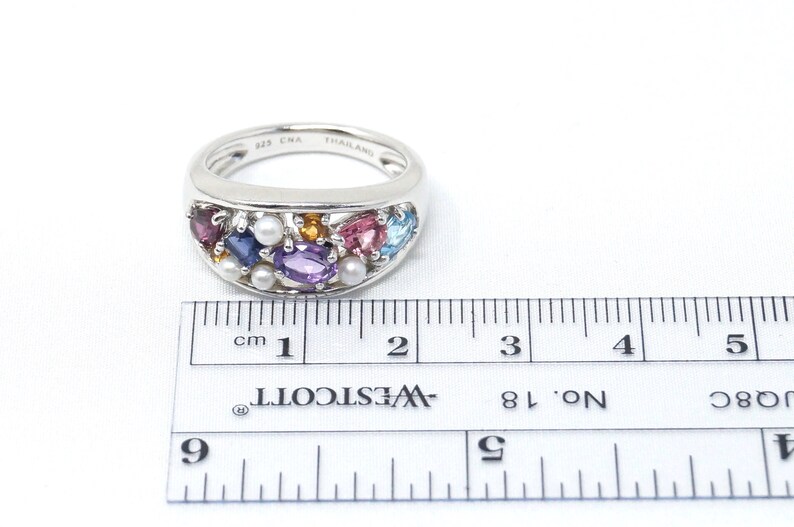 Size 8-780882749 Beautiful Vintage Multi Gemstone Pearl Amethyst Blue Topaz Pink Blue Sapphire Citrine Sterling Silver Ring