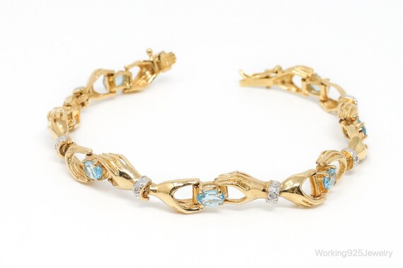 Vintage Two Hands Blue Topaz Diamond Gold Vermeil… - image 1