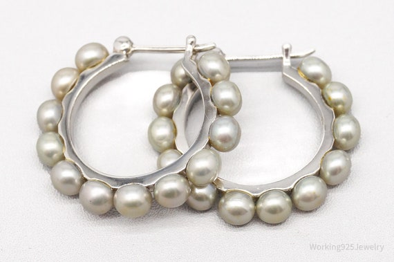 Vintage Pearl Sterling Silver Hoop Earrings - image 1