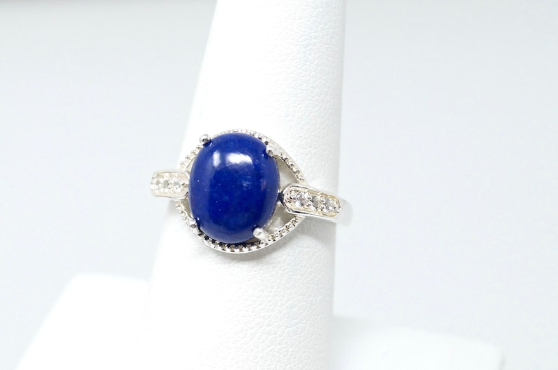 Beautiful Art Deco Style Blue Lapis Lazuli CZ Sterling Silver Ring Size 7-760894728