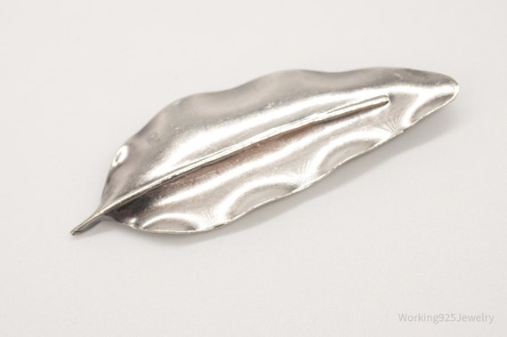 Large Antique Handmade Sterling Silver Leaf Pin B… - image 1