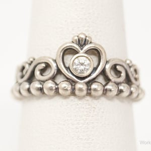 Pandora Cubic Zirconia Princess Tiara Crown Sterling Silver Ring - Size 5.25
