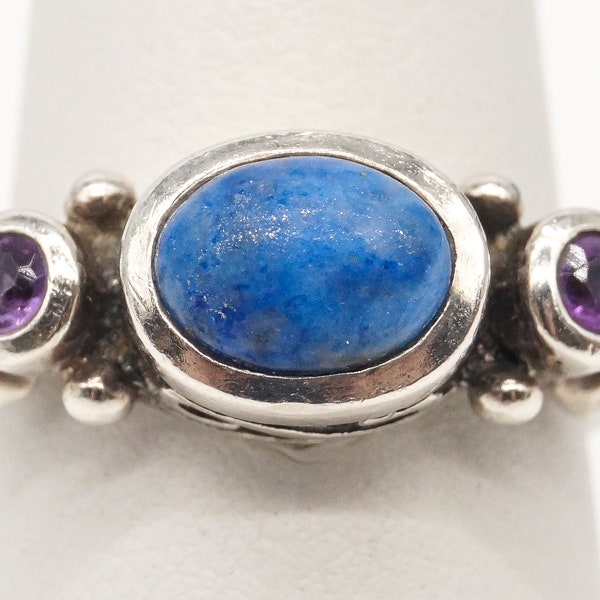 Vintage Lapis Lazuli Amethyst Sterling Silver Ring - Size 6.75