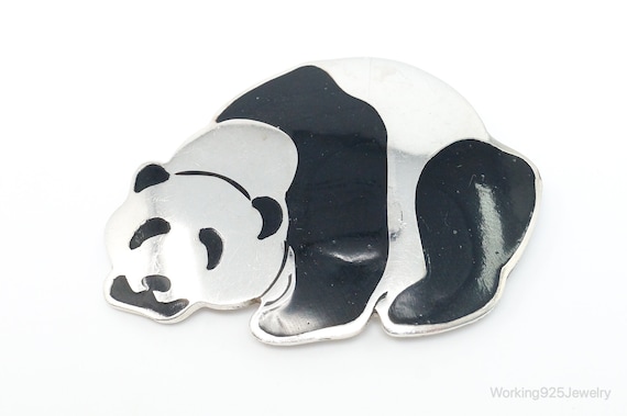 Large Vintage Mexico Enamel Panda Sterling Silver… - image 2