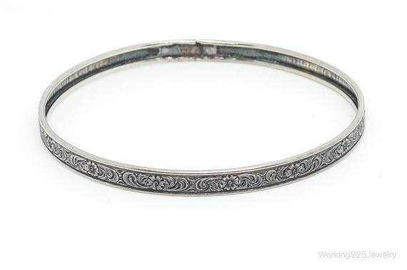 Antique Floral Pattern Sterling Silver Bangle Bra… - image 1