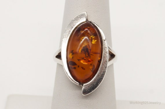 Vintage Baltic Amber Modernist Sterling Silver Ri… - image 2