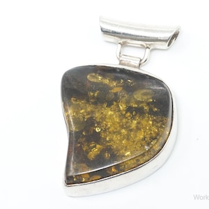 Large Vintage Amber Modernist Sterling Silver Necklace Pendant image 1