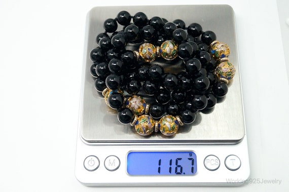 Vintage Long Black Onyx Cloisonne Beads Necklace - image 8