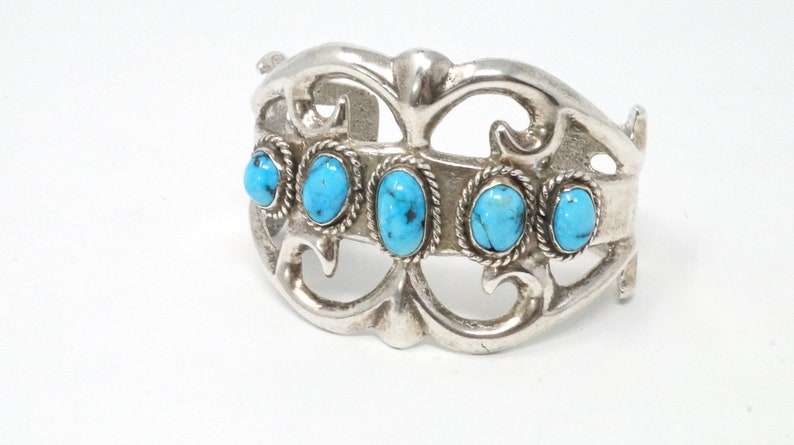 Vintage Native American Sand Cast Handmade Sterling Silver Turquoise Cuff Bracelet 699012076