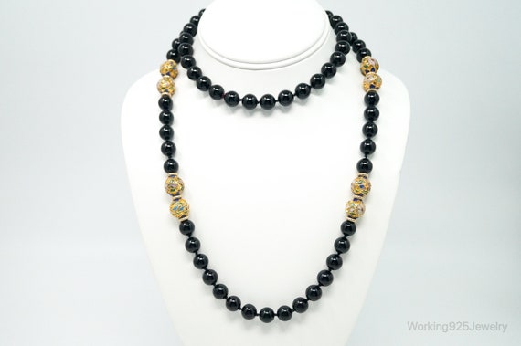 Vintage Long Black Onyx Cloisonne Beads Necklace - image 1
