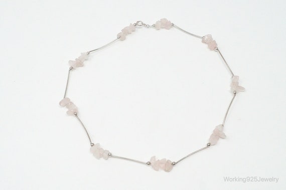 Vintage Rose Quartz Bead Sterling Silver Necklace - image 5