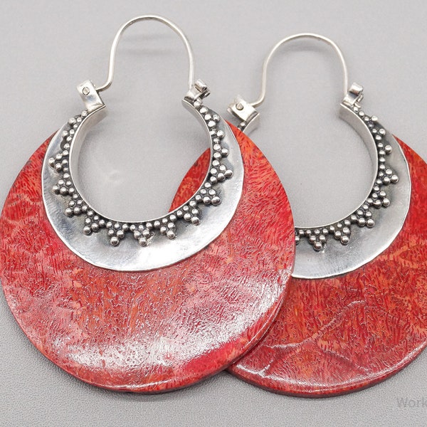 Vintage Red Coral Sterling Silver Hoop Earrings