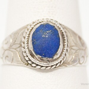 Vintage Blue Lapis Lazuli Art Nouveau Etched Sterling Silver Ring - Size 7.75