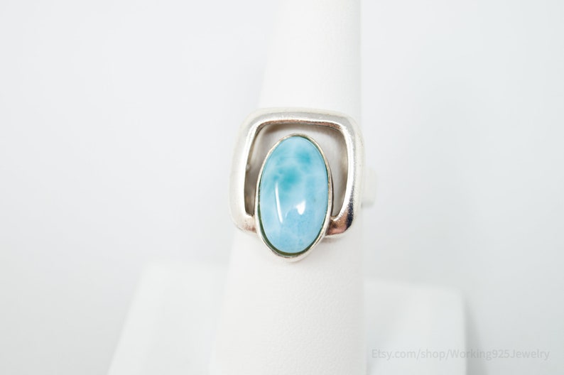 Sz 7 Vintage Designer Large Blue Larimar Modernist Sterling Silver Ring