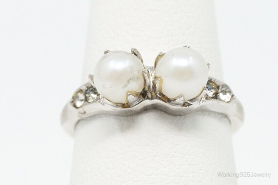 Antique Pearl Rhinestone Sterling Silver Ring - S… - image 3