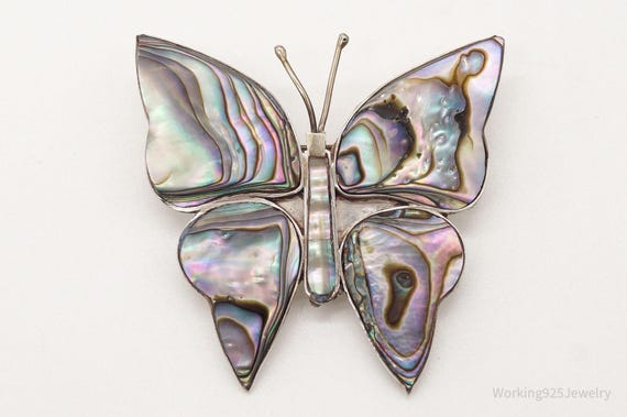 Large Vintage Paua Abalone Shell Butterfly Sterli… - image 4