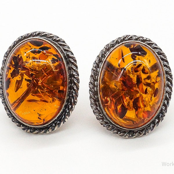 Vintage Amber Modernist Sterling Silver Earrings