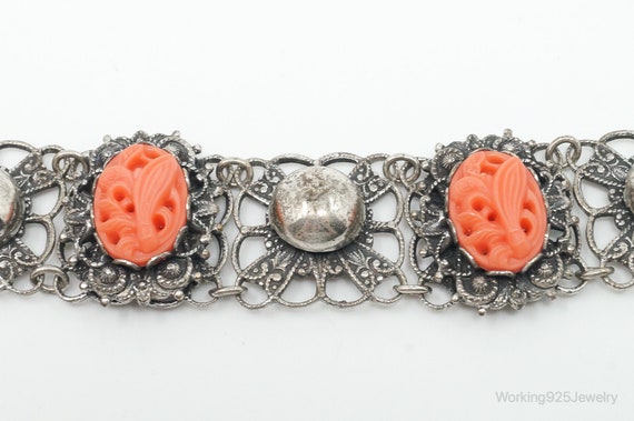 Antique Carved Coral Sterling Silver Bracelet - image 2