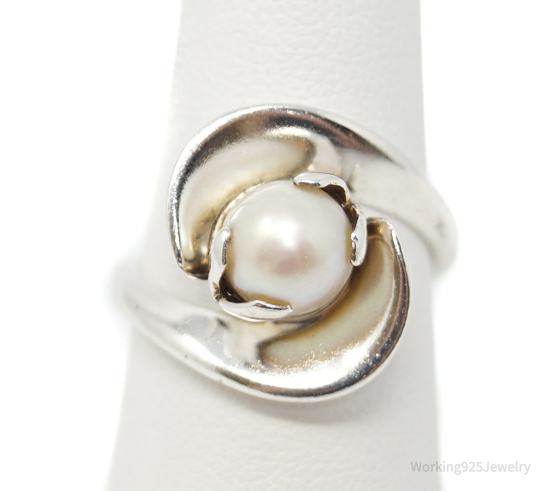 Vtg Tasco Mexico Designer JAIMES Pearl Sterling Silver Ring Sz 6