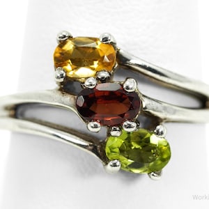 Vintage Citrine Garnet & Peridot Sterling Silver Ring - Size 9.25