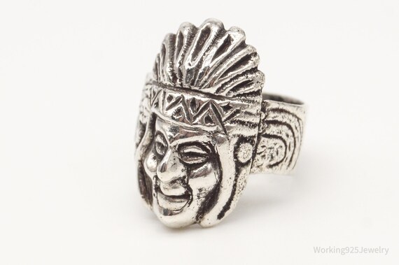 Vintage Native American Chief Head Silver Ring - … - image 4