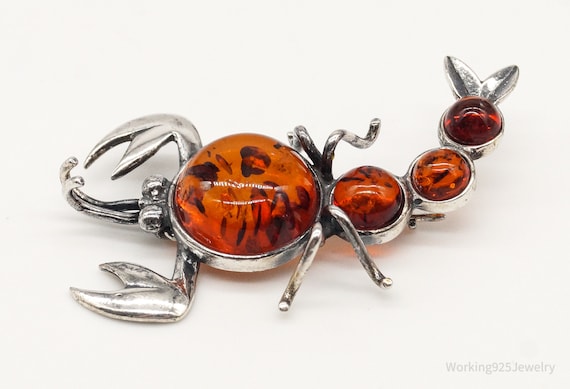 Vintage Amber Scorpion Sterling Silver Brooch Pin - image 1