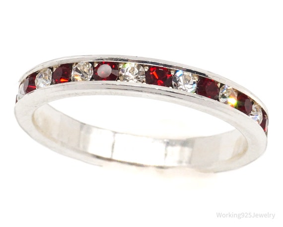 Vintage Red & White Crystal Sterling Silver Ring … - image 1
