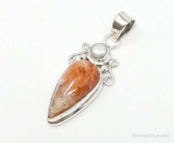 Large Vintage Sunstone Pearl Sterling Silver Pend… - image 1