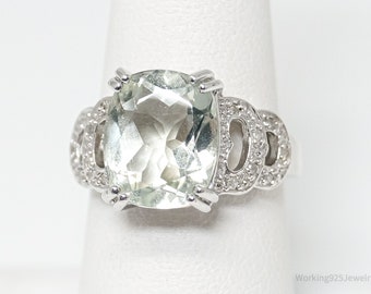 Vintage Pale Green Quartz Diamond Art Deco Sterling Silver Ring -  Size 7