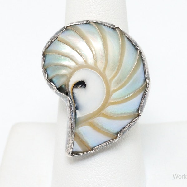 Vintage Large Colorful Fossil Sterling Silver Statement Ring SZ 8.25 Adjustable