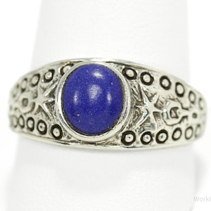 Vintage Lapis Lazuli Viking Style Sterling Silver Ring - Size 11.25