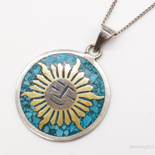 Vintage Mexico Turquoise Brass Copper Sun Face Sterling Silver Necklace