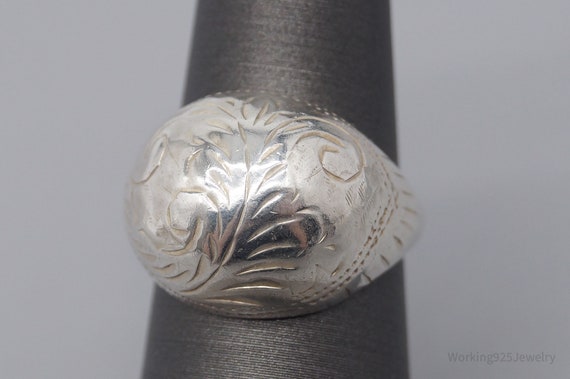 Vintage Floral Swirl Etched Sterling Silver Dome … - image 3