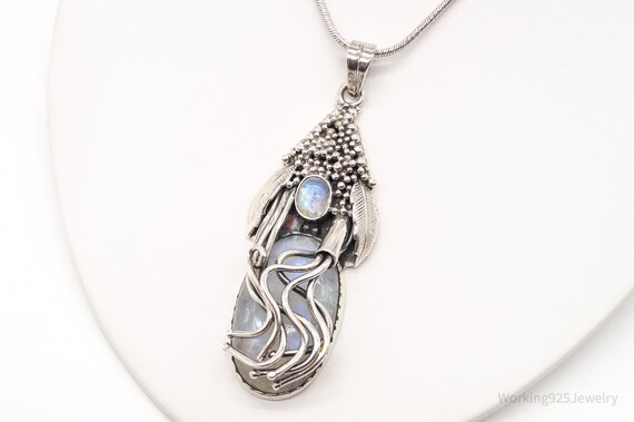 Vintage Moonstone Filigree Sterling Silver Neckla… - image 2