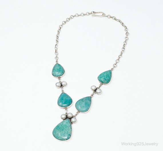 Vintage Amazonite Pearl Sterling Silver Necklace - image 4