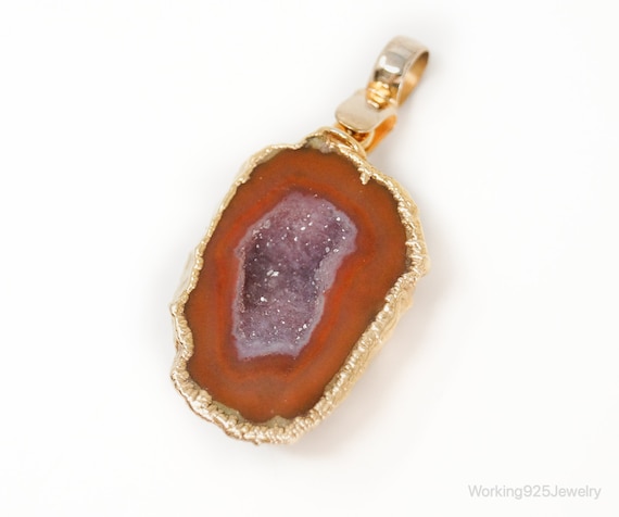 925 Sterling Silver Orange White Agate Quartz Geode Slice Pendant Chain Necklace