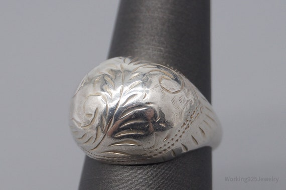 Vintage Floral Swirl Etched Sterling Silver Dome … - image 2