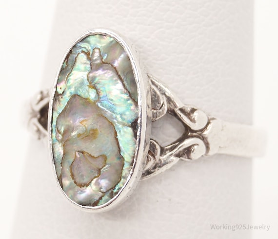 Antique Paua Abalone Shell Sterling Silver Ring -… - image 1