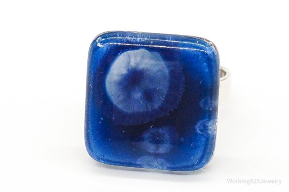 Vintage Blue Glass Sterling Silver Ring - Size 7.… - image 3