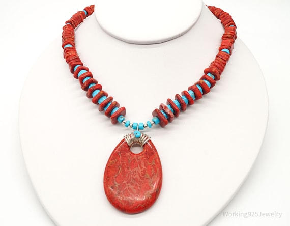 The Best Vintage Native American Navajo Coral Running Water Turquoise Sterling Silver Necklace The Best Vintage Native American Navajo Coral Running Water Turquoise Sterling Silver Necklace