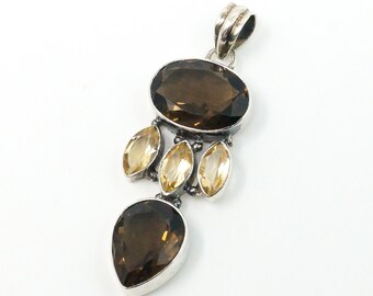 Vintage Large Smoky Topaz Citrine Sterling Silver Pendant