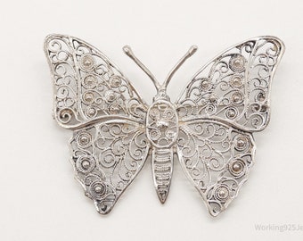 Large Antique Filigree Butterfly Sterling Silver Brooch Pin