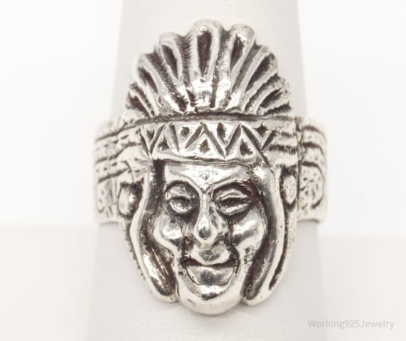 Vintage Native American Chief Head Silver Ring - … - image 1