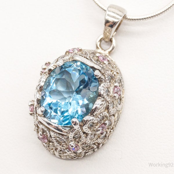 David Sigal Blue Topaz Pink & White Cubic Zirconia Sterling Silver Necklace